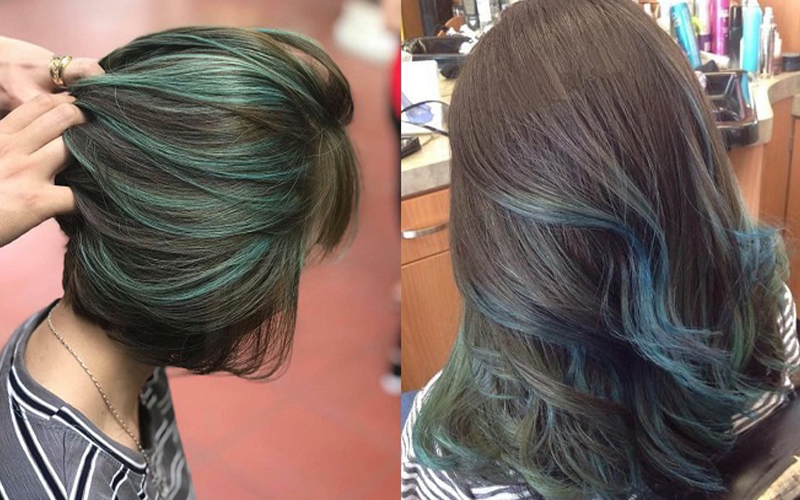 Mái tóc ngắn nhuộm highlight màu xanh rêu