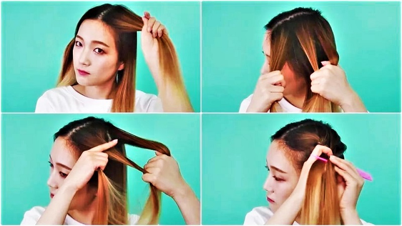 Bạn chia tóc thành 2 nửa, chải gọn lại và cố định 1 bên để tiện tết tóc